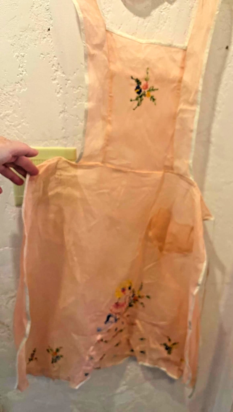 Vtg 1930s Half Apron Organza Chiffon Sheer Embroidered Flowers Pink
